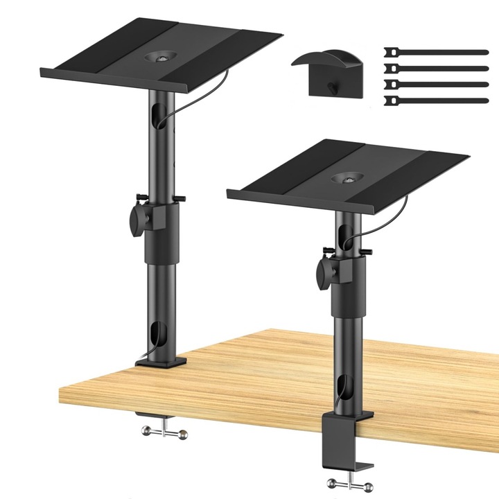 Heigh & Angle Adjustable Desk Clamp Speaker Stands for Samsung HW Q990D/Q990C/Q930C Edifier, KRK, Klipsch, Polk, Yamaha Large Speakers with Cable Management, Studio Monitor Stands Wr Headphone Holder