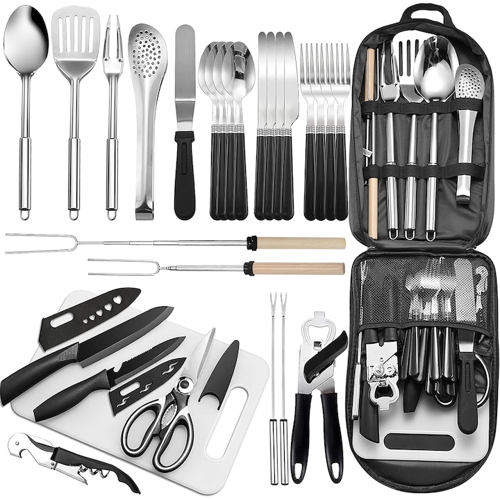 Set tacamuri camping portabil, inox, 27 piese, 37x23x5cm