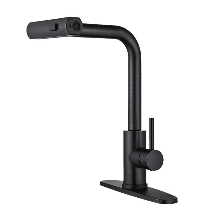 Кухненска батерия, регулиране на водния поток на 4 нива, неръждаема стомана, прибираща се, лесна за инсталиране, черна