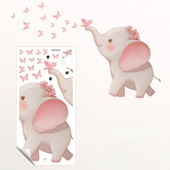 Rózsaszín elefántbébi fali matrica – rajzfilm öntapadós matrica gyerekszoba dekorációhoz