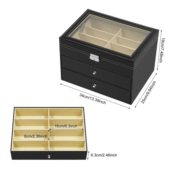 Organizator pentru ochelari, 24 sloturi, design elegant, negru, 3 etaje