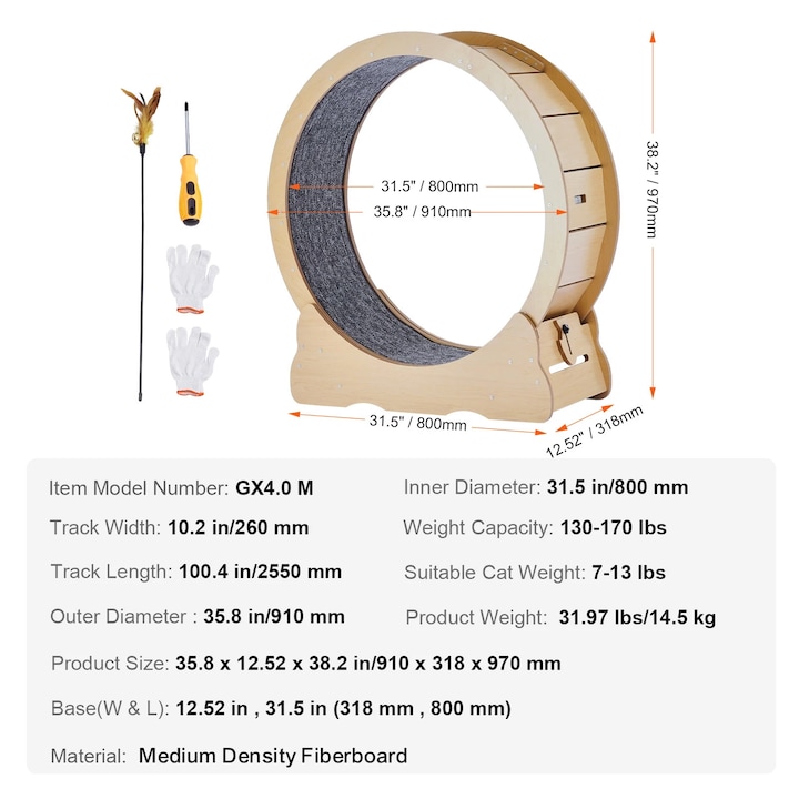 Roata de exercitii pentru pisici, design din lemn durabil, functionare silentioasa, 35.8inch