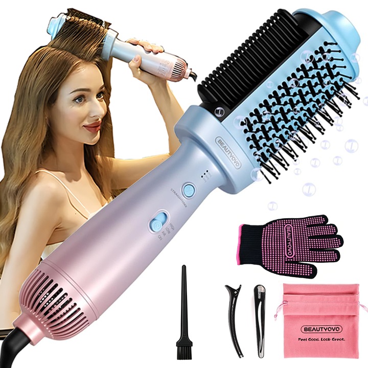 Perie electrica pentru volum cu aer cald BEAUTYOVO, 3-in-1 Hot Air Brush, reglare in trei viteze, portabil, temperatura constanta pentru ingrijirea parului, Culori gradiente
