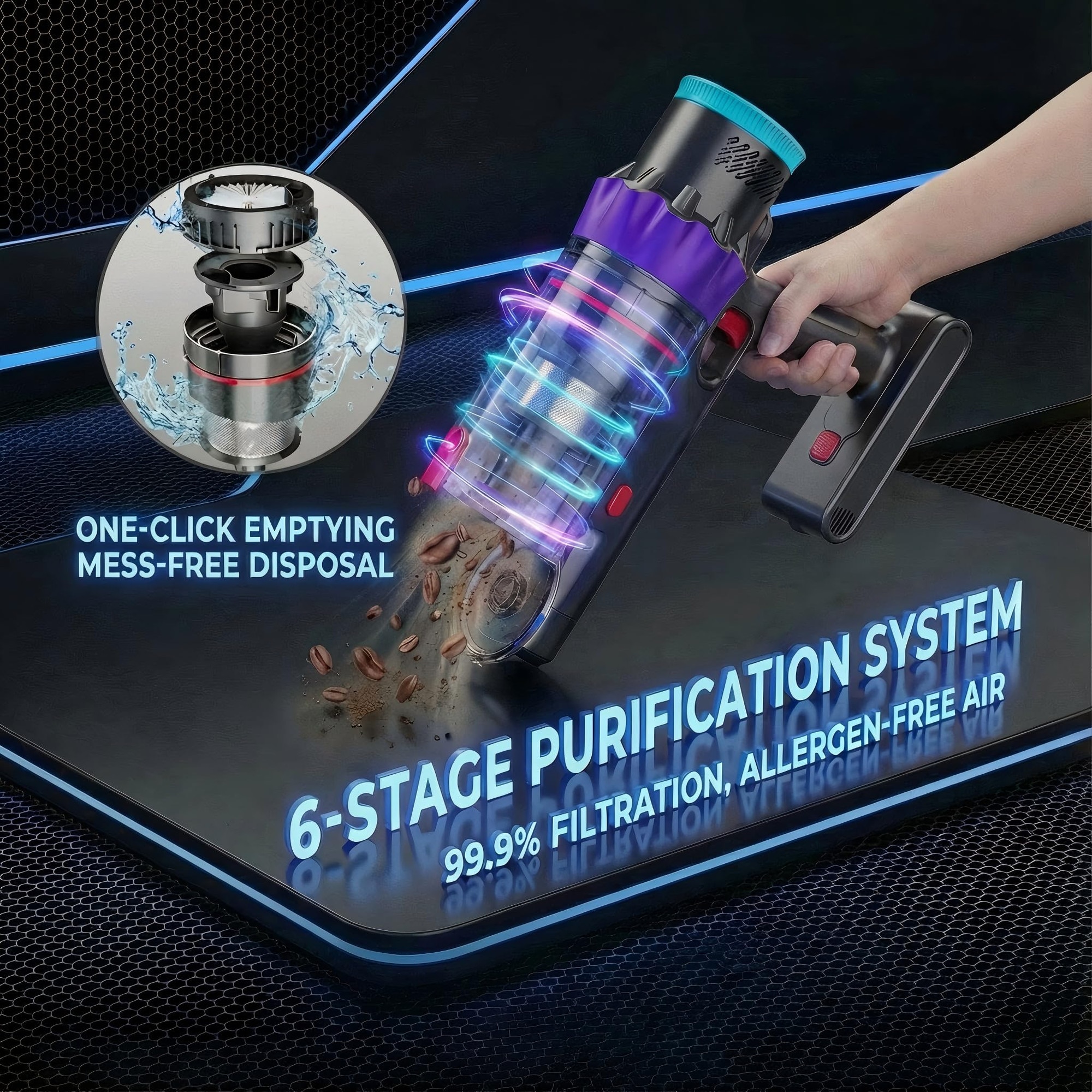 Aspirator Wireless - Pinico-S7 - cu 550W/48kPa - 60min Autonomie, Sensoare Inteligente, Ecran Touch, Perie V-Flex - Curateaza Toate Suprafeele Fara Efort