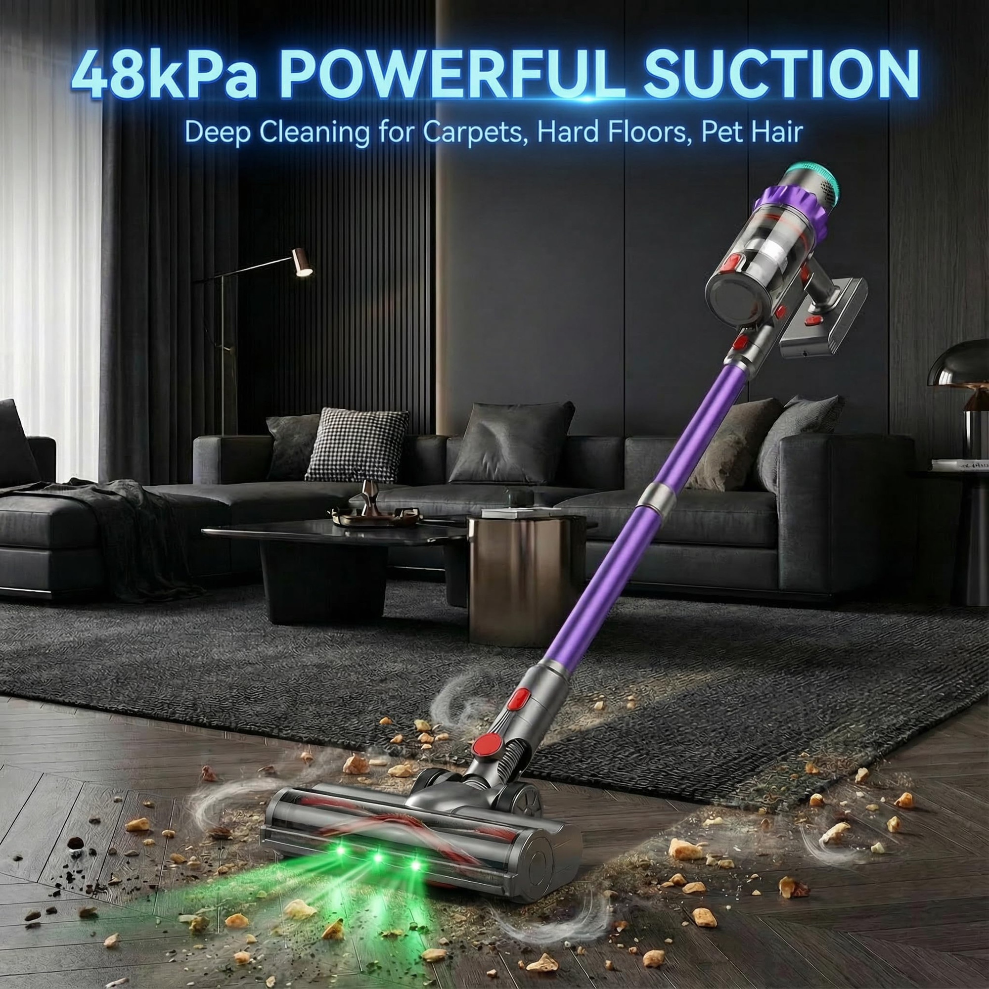 Aspirator Wireless - Pinico-S7 - cu 550W/48kPa - 60min Autonomie, Sensoare Inteligente, Ecran Touch, Perie V-Flex - Curateaza Toate Suprafeele Fara Efort