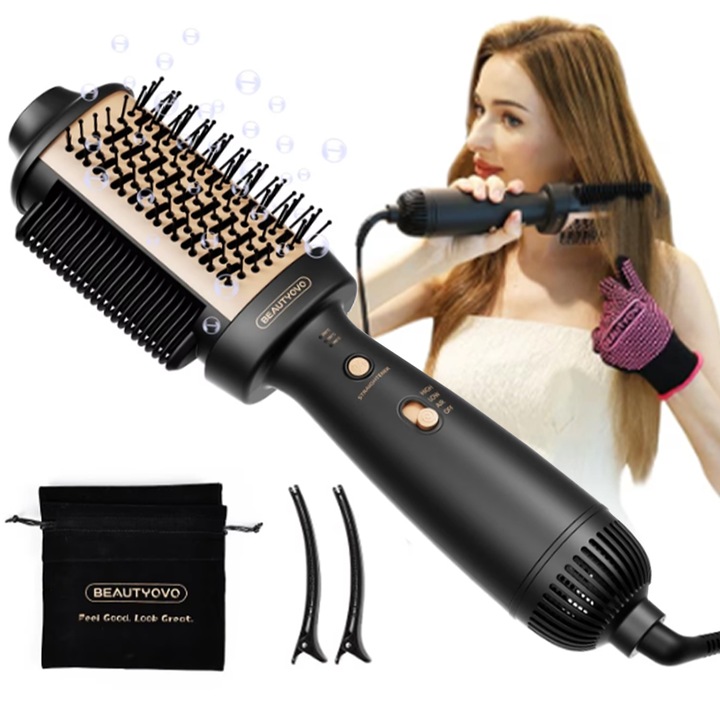 Четка с горещ въздух BEAUTYOVO, 3-в-1 Hot Air Brush, тристепенно регулиране, преносима, постоянна температура за грижа за косата, Черно и Златно