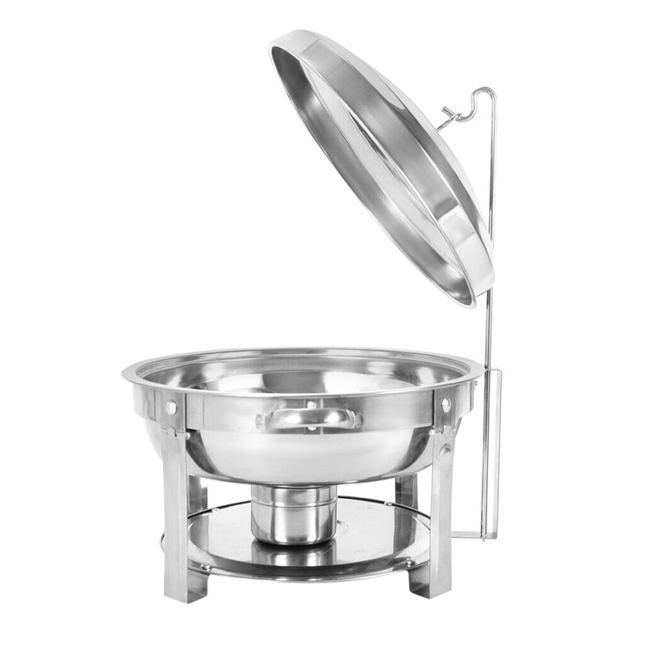 Chafing Dish, Кръгъл бюфетен нагревател, 7,5 л, от неръждаема стомана 410, за плот, съвместим със съдомиялна машина/фурна, сребрист