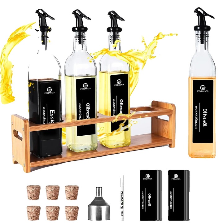 Set de sticle pentru ulei cu suport, 4 sticle, stuturi pentru turnare precisa, 500ml, sticla, bambus, silicon