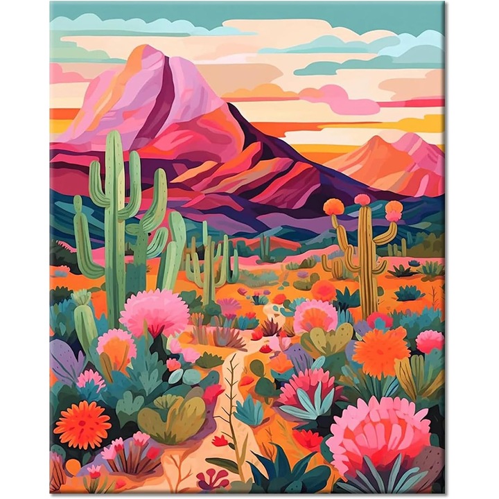 Pictura pe numere pentru adulti, pictura pe numere, peisaj DIY cu pensule si vopsele acrilice, pictura in ulei pictata manual pe panza pentru decorul casei, fara rama,40 x 50 cm（desert cactus）