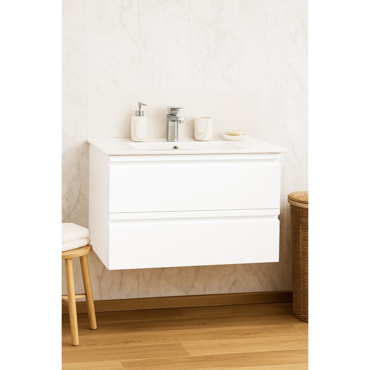 Set mobilier de baie si lavoar, Badenmob, seria 086, 80x52x46cm, Suspendat cu sertare, Alb lucios