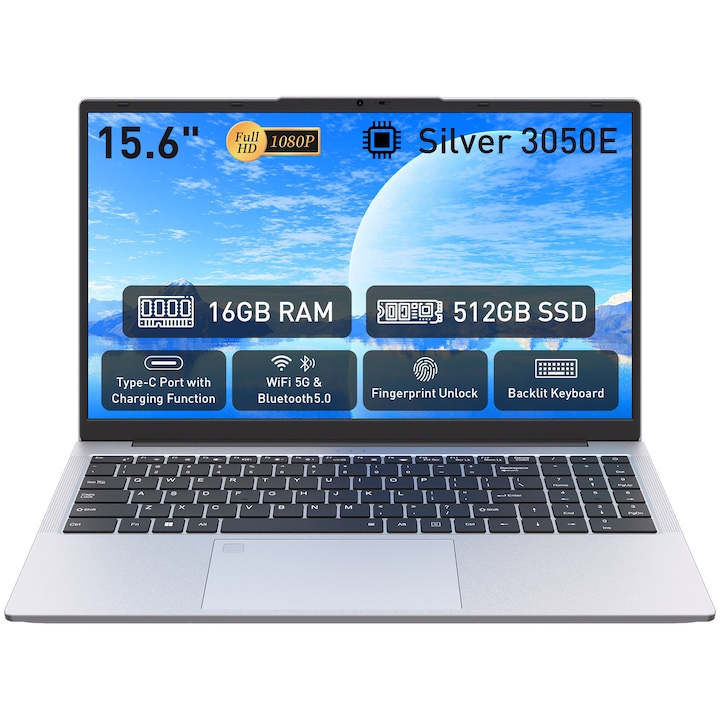 Auusda 15,6 hüvelykes laptop, AMD 3050E kétmagos processzor (akár 2,8 GHz), 16 GB RAM, 512 GB SSD, IPS FHD, ujjlenyomat-érzékelő, háttérvilágítású billentyűzet, könnyű kialakítás, ezüst, Bluetooth 5.0