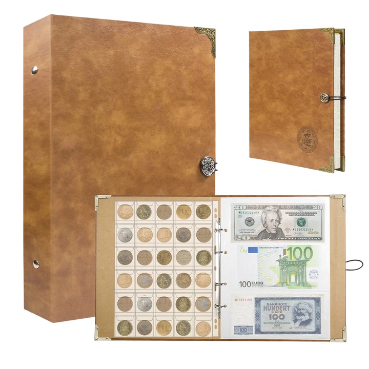 Album de colectie monede/bancnote, Cu 150 de buzunare pentru monede si 240 de buzunare pentru bancnote, Impermeabil si rezistent la umiditate, Depozitare si protectie, 30x24x4cm, PU/PVC/PP, Maro