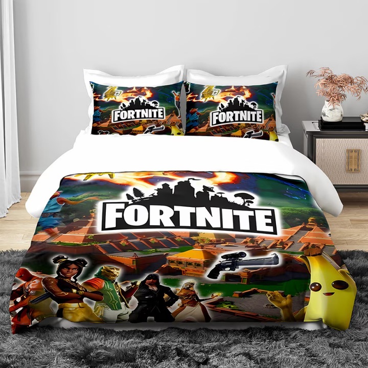 Lenjerie de pat AjieQaQ, set 3 piese, cuvertura 160x200 cm si 2 fete de perna 70x80 cm, poliester, design modern, multicolor