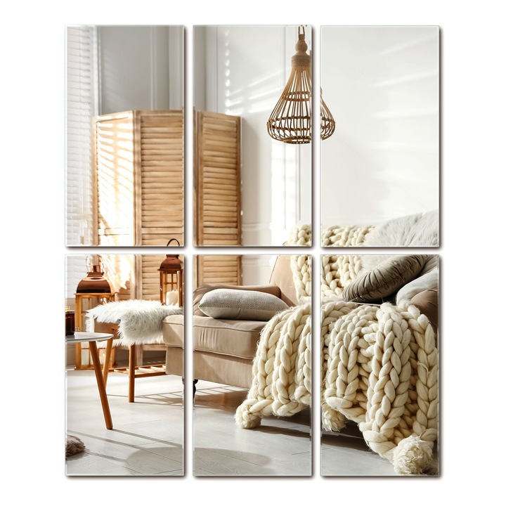 Design Téglalap Tükörcsempe, Decormat, 30x16 cm, 6 db-os Öntapadó Készlet Kreatív Fali Kompozíciókhoz, 010300760040000000000