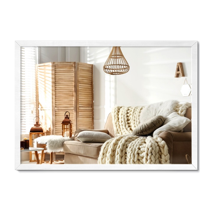 Exkluzív Keretes Tükör, Decormat, 70 x 50 cm, Prémium Fehér MDF Kivitel, Ideális Előszobába vagy Hálószobába, Kristálytiszta Üveg, 010380550040200000000