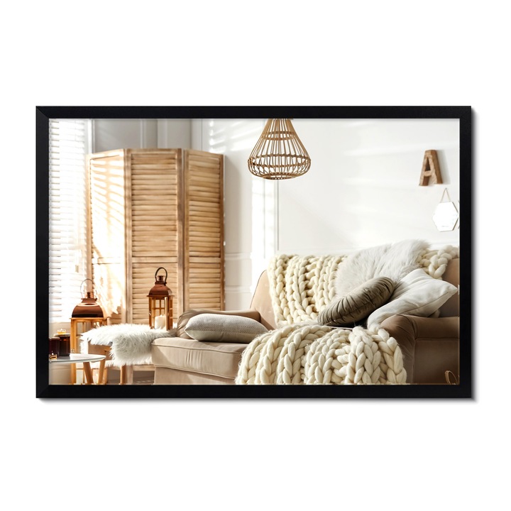 Modern Fali Tükör Stílusos Fekete MDF Keretben, Decormat, 60 x 40 cm, Függőleges vagy Vízszintes Szerelés, Minimalista Loft Stílus, 010380550030100000000