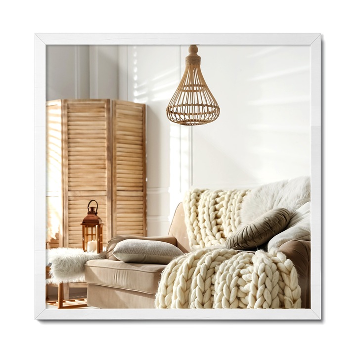 Prémium Keretes Tükör, Decormat, 50 x 50 cm, Elegáns Fehér MDF Keret, Négyzet Alakú Design Nappaliba és Fürdőszobába, 010380550020200000000