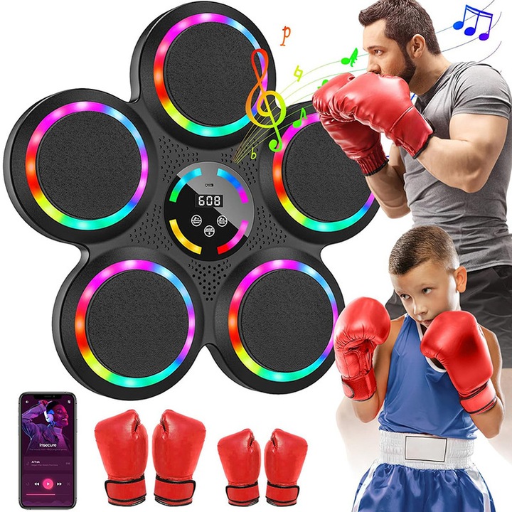 Masina electronica de box cu LED-uri, Omelivon, Masina de box muzicala cu 2 perechi de manusi de box, 9 moduri de viteza, 9 moduri de antrenament, pentru adulti si copii, nergu