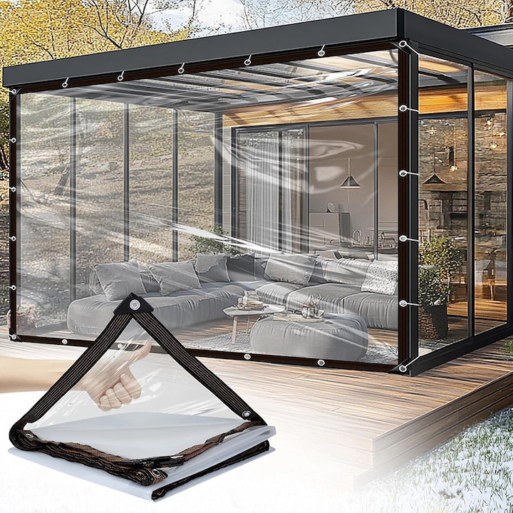 Prelata transparenta, Omelivon, cu inele, impermeabila, rezistenta la UV, 3 x 5 m