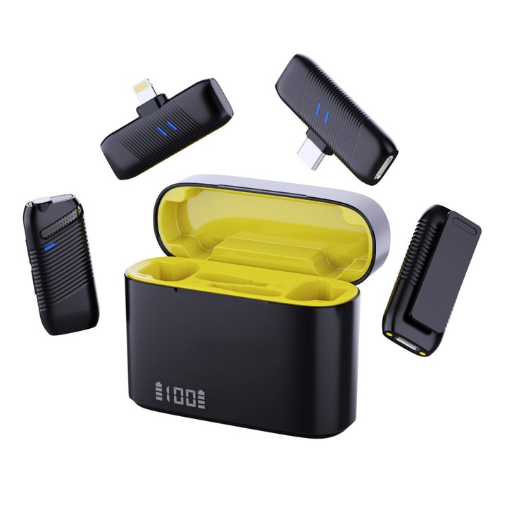 Set 2 Microfoane Wireless 2.4G Dual cu Carcasa de Incarcare - Sistem Plug&Play pentru Vlogging, Streaming si Interviuri