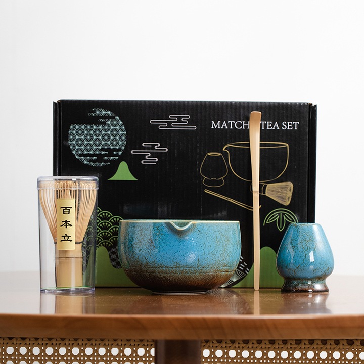 Matcha teáskészlet 7 darabos, Rqiurpn, kék kerámia tál, bambusz eszközök, 500ml