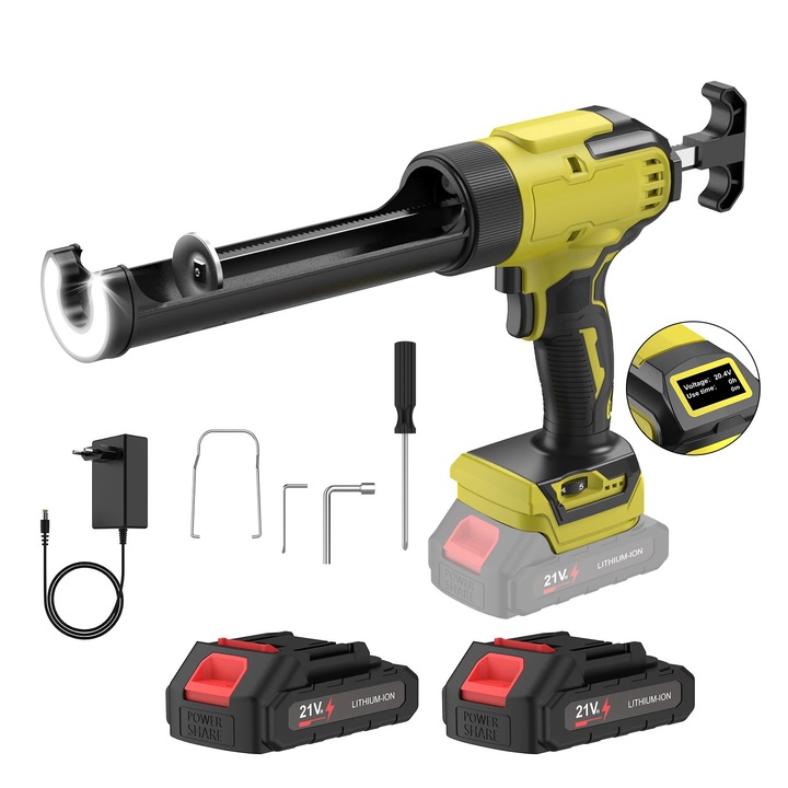 Vezeték nélküli elektromos tömítőpisztoly, 6 sebességes, LED fénnyel, 2 akkumulátoros készlet