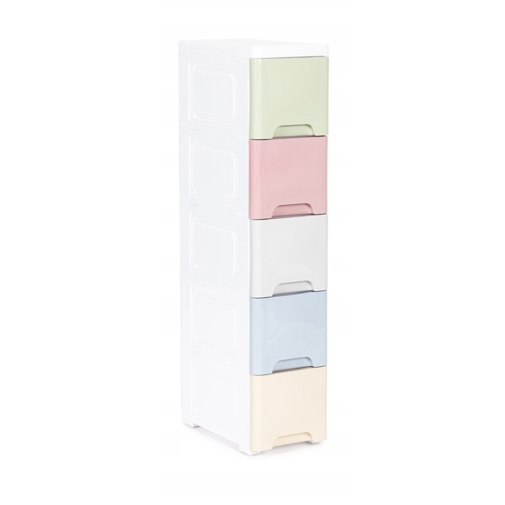 Raft mobil cu 5 sertare colorate, picioare cu roti, 83x32x18 cm, alb/multicolor