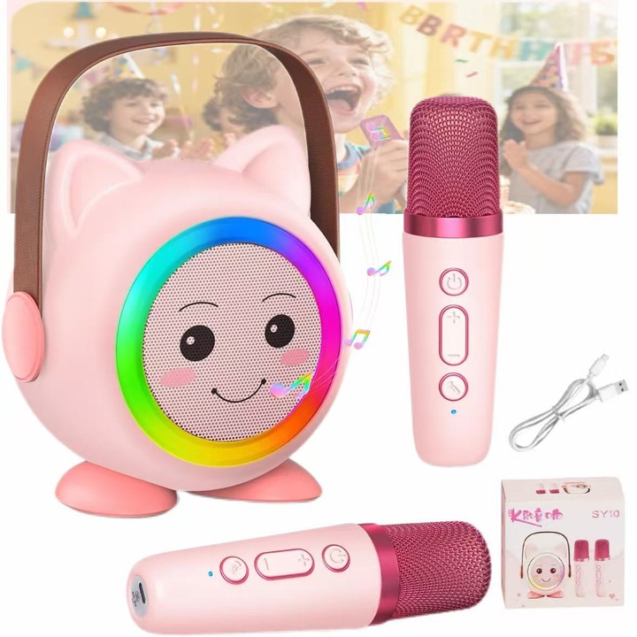 Aparat de karaoke pentru copii si adulti, mini difuzor Bluetooth portabil cu 2 microfoane wireless, perfect cadou de Craciun si ziua de nastere pentru fete si baieti cu varsta cuprinsa intre 3 si 12 ani si peste (roz)