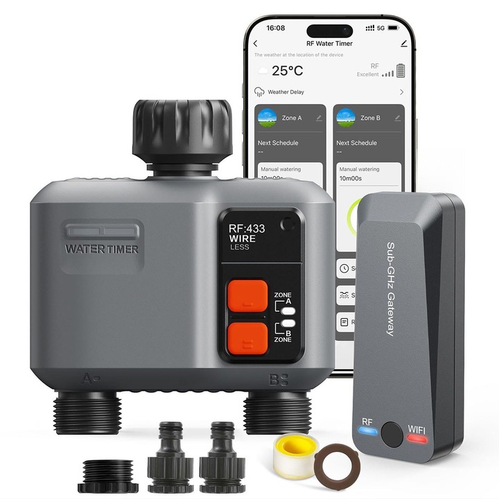 WiFi таймер за пръскачки с 2 зони и RF шлюз на 300 метра, интелигентен воден таймер с 2 изхода за градински маркуч с отложено поливане при дъжд/ръчно/автоматично, WiFi таймери за воден маркуч за градина и тревни площи