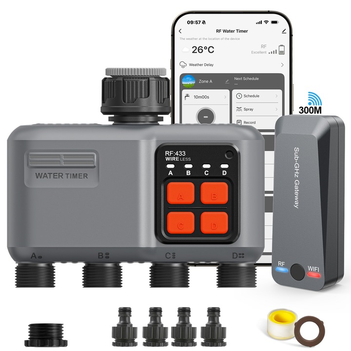 Programator stropire WiFi Johgee, 4 zone, 4 iesiri, 984ft RF Gateway, pentru gradina si peluze