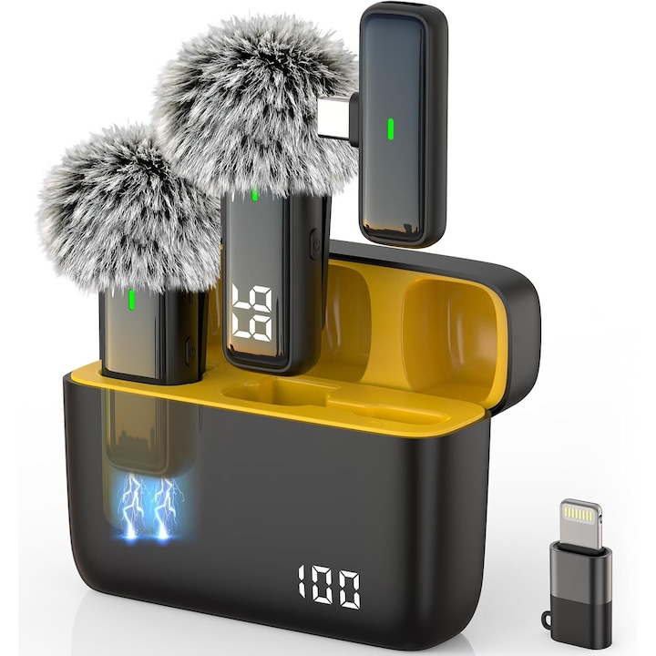 Безжичен микрофон лавалиер с шумопотискане, базирано на изкуствен интелект, с LED дисплей, шумопотискане, магнитен калъф за зареждане и съвместимост с Android, iOS и лаптопи. Всепосочен черен микрофон