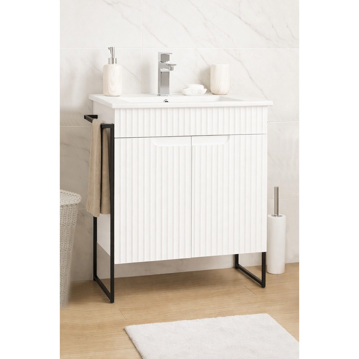 Set mobilier de baie MDF Kit si lavoar Badenmob, seria 033, Cadru metalic, 60x46x89cm, Alb Rustic