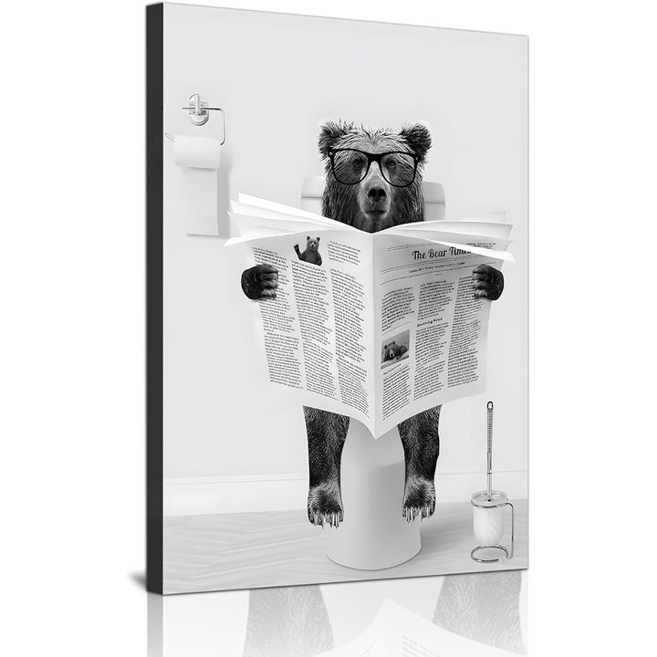 Vászon festmény, dekoratív, vicces újságos állatok, fekete-fehér medve modell, látványos, 50 x 70 cm, keret nélkül
