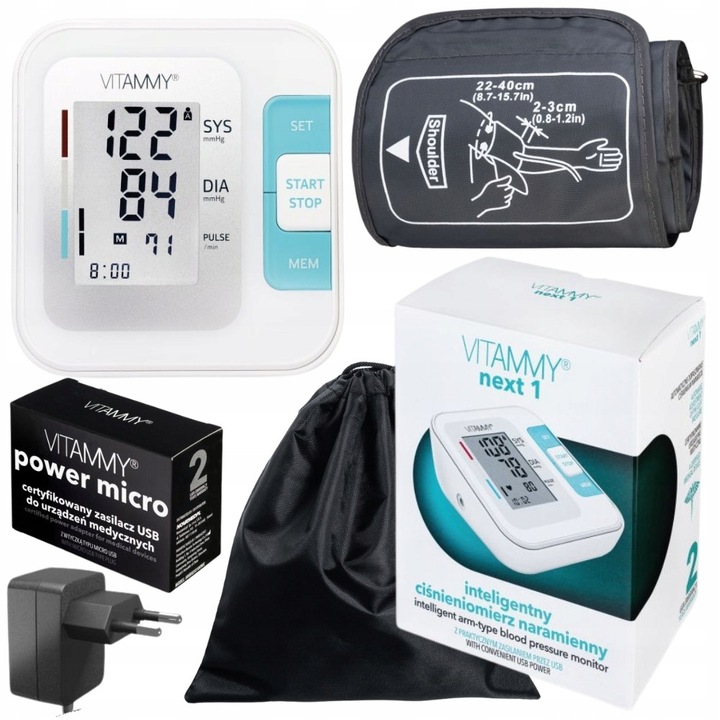 Tensiometru digital de brat Vitammy Next 1, manseta universala 22-40 cm, ecran LCD mare, set complet