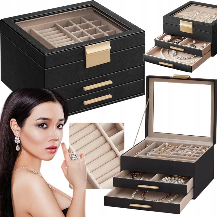 Cutie bijuterii, SONGMICS, 3 nivele, neagră, 19 compartimente, dimensiuni compacte