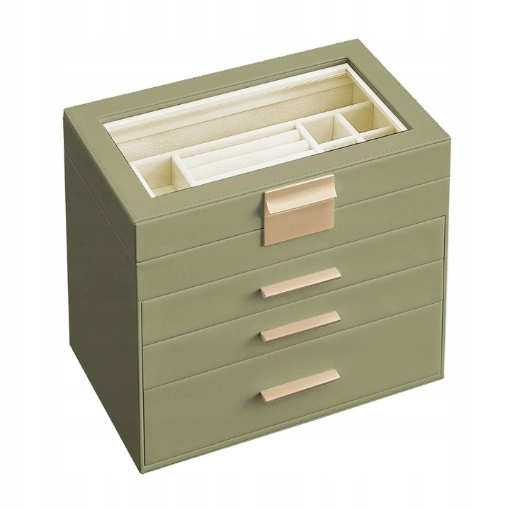 Ékszerdoboz, Songmics, 4 szintes, 3 fiókos, üveg fedél, arany, 25.1x15.3x21.5cm