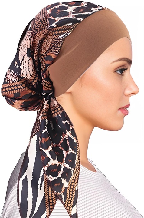 Palarie esarfa pentru femei Omelivon, batic chemo pre-legat cu imprimeu animal print, turban elegant pentru caderea parului, maro multicolor