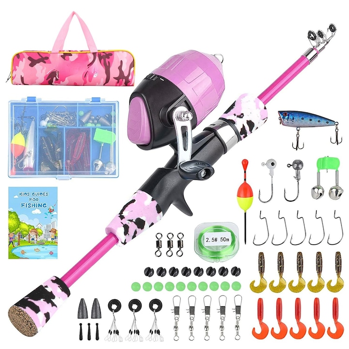 Lanseta de pescuit pentru copii 1,2 m, kit combinat cu undita telescopica portabila si mulineta pentru copii, cu mulineta de pescuit Spincast, echipamente de pescuit, naluci de pescuit, fir de pescuit, WALALLA, roz