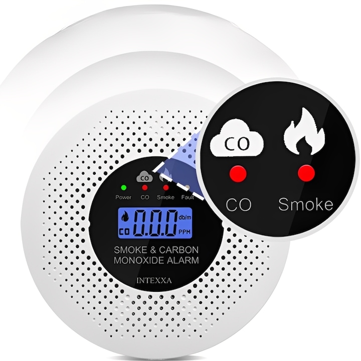 Detector Monoxid de carbon si Fum INTEXXA®, Senzor Electrochimic / Fotoelectric, Display LCD cu Afisarea Concentratiei de Gaz in Timp Real, Avertizare sonora, Alimentare baterii, Alb
