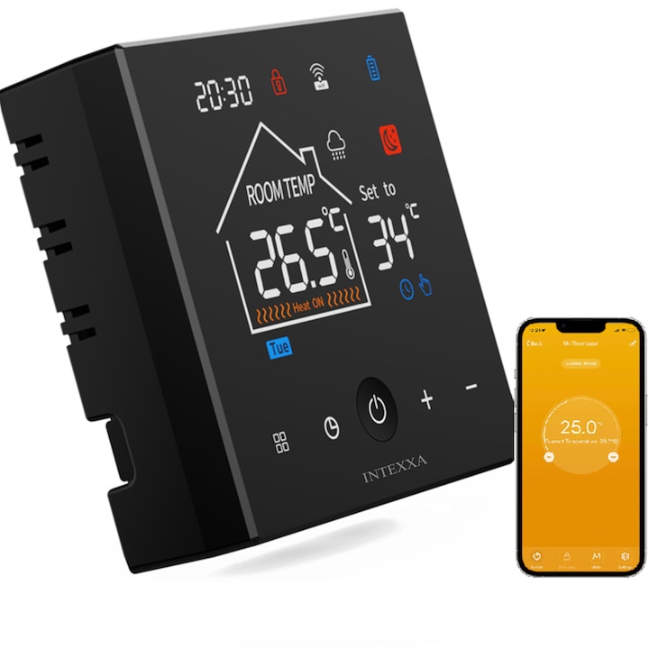 Termostat ambient Smart WIFI INTEXXA, Montaj Perete, Programabil, Control Aplicatie, Compatibil Centrala Termica Gaz, Boiler si Incalzire in Pardoseala, Comenzi Vocale, Vreme si umiditate Alimentare Baterie, Negru