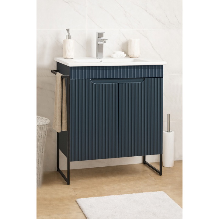 Set mobilier de baie MDF si lavoar Badenmob, seria 033, Cadru metalic, 60x46x89cm, Antracit