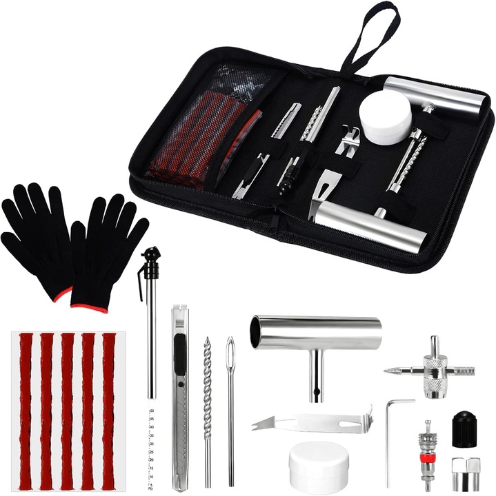 Vulkanizáló készlet gumiabroncs defektjavításhoz, Onuvio®, 62 darabos, tubeless gumiabroncs defektjavító gumizsinór, fém fogantyú és tároló- és szállítódoboz, szelepek, hordozható