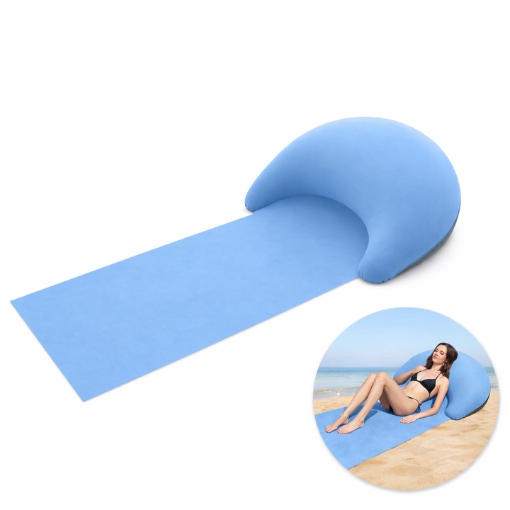 Saltea de plaja 160x70 cm, cu perna gonflabila integrata, pliabila si usoara, pentru plaja, camping si picnic, Albastru deschis
