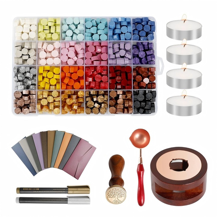 Set de stampile cu sigiliu de ceara, 600 de margele sigilate cu ceara, 24 culori, Include ceara de ceai, o lingura pentru topirea cerii, plicuri, un stilou si un incalzitor pentru sigilarea cerii, Simplu de utilizat, Multicolor