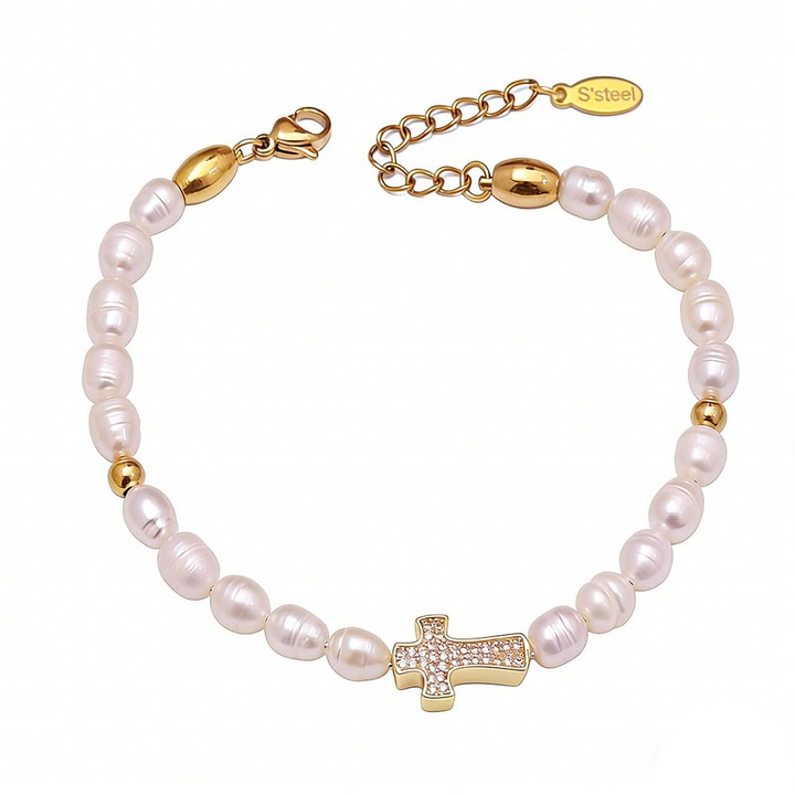 Bratara cu perle, perle cultivate in apa dulce, design minimalist pentru femei, original si unic, bratara cu cruce din zircon, aur 18K din otel inoxidabil care pastreaza culoarea, reglabila, alba