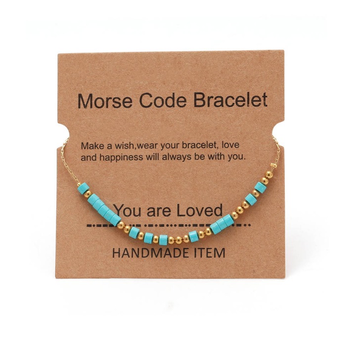 Bratara Morse Code "You are loved", vintage originala, facuta manual, reglabila, cu culoare, placata in otel inoxidabil 18K, Curaj inspirator, Confesiune Secreta, Cadou de ziua de nastere, Albastru