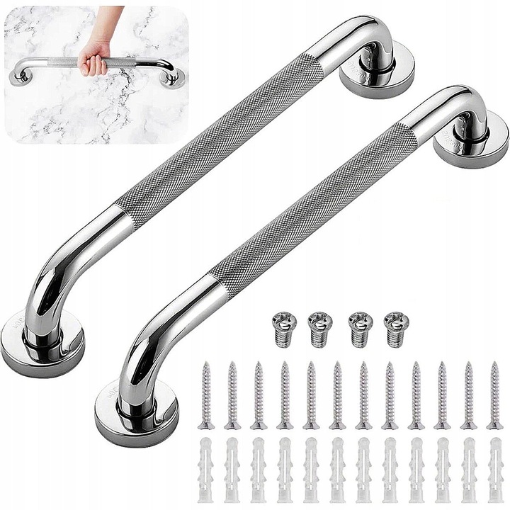 Set 2 bare de prindere pentru dus, YOUKUKE®, Otel inoxidabil, 40cm, Potrivit pentru dusuri, bai si alte spatii interioare, Argintiu