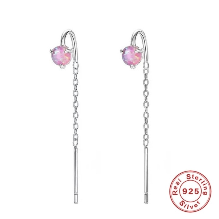 Cercei Argint Lungi cu Opal Roz Natural Stralucitor, Diva4u, 100% Argint925/Opal Naturale, Lungime 32mm/Opal diametrul 4mm, Antialergic/Colorfast