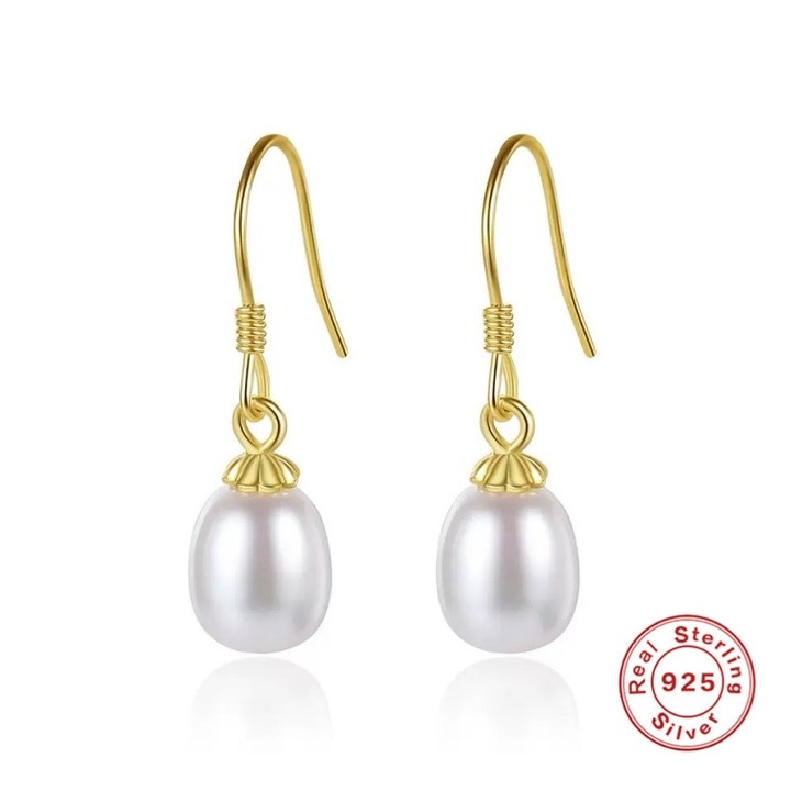 Cercei Perle Argint Suflati cu 14K Aur Tip Carlig, Diva4u, 100% Argint 925/Perla Naturale 7mm, Antialergic, Include Husa De Catifea Pentru Bijuterii