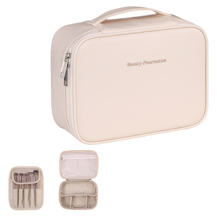 Geanta cosmetica de calatorie DRAGO™, capacitate mare, organizator portabil impermeabil cu compartimente reglabile si maner, 23 cm, culoare alb